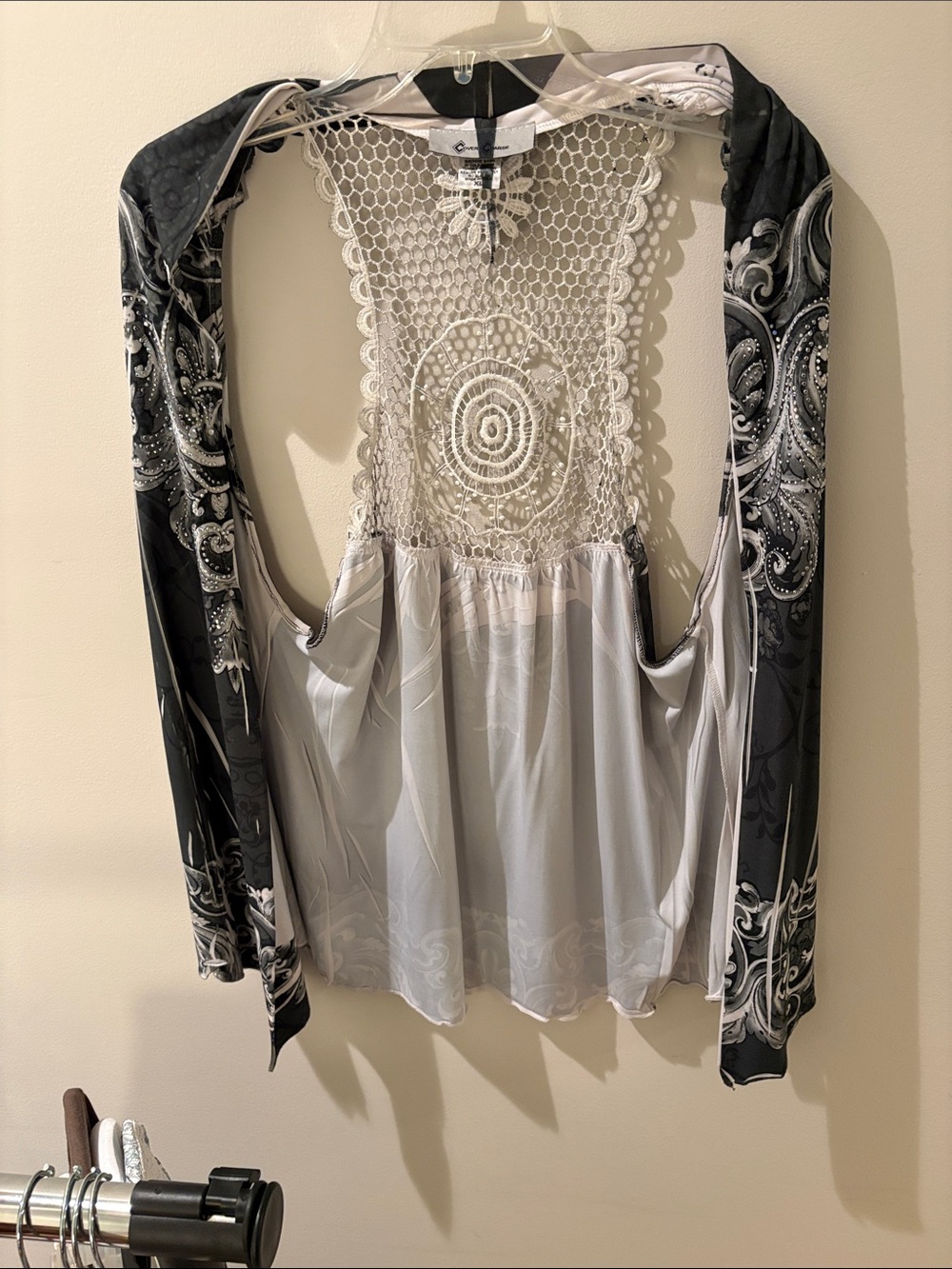 Crochet Back Camisole with Long Sleeve Overlay - Black & White